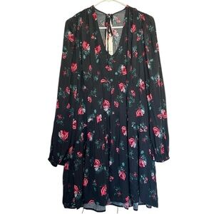 ANOTHER DAY Floral Tiered V Neck Long Sleeve Mini Dress Black Pink Green Size M